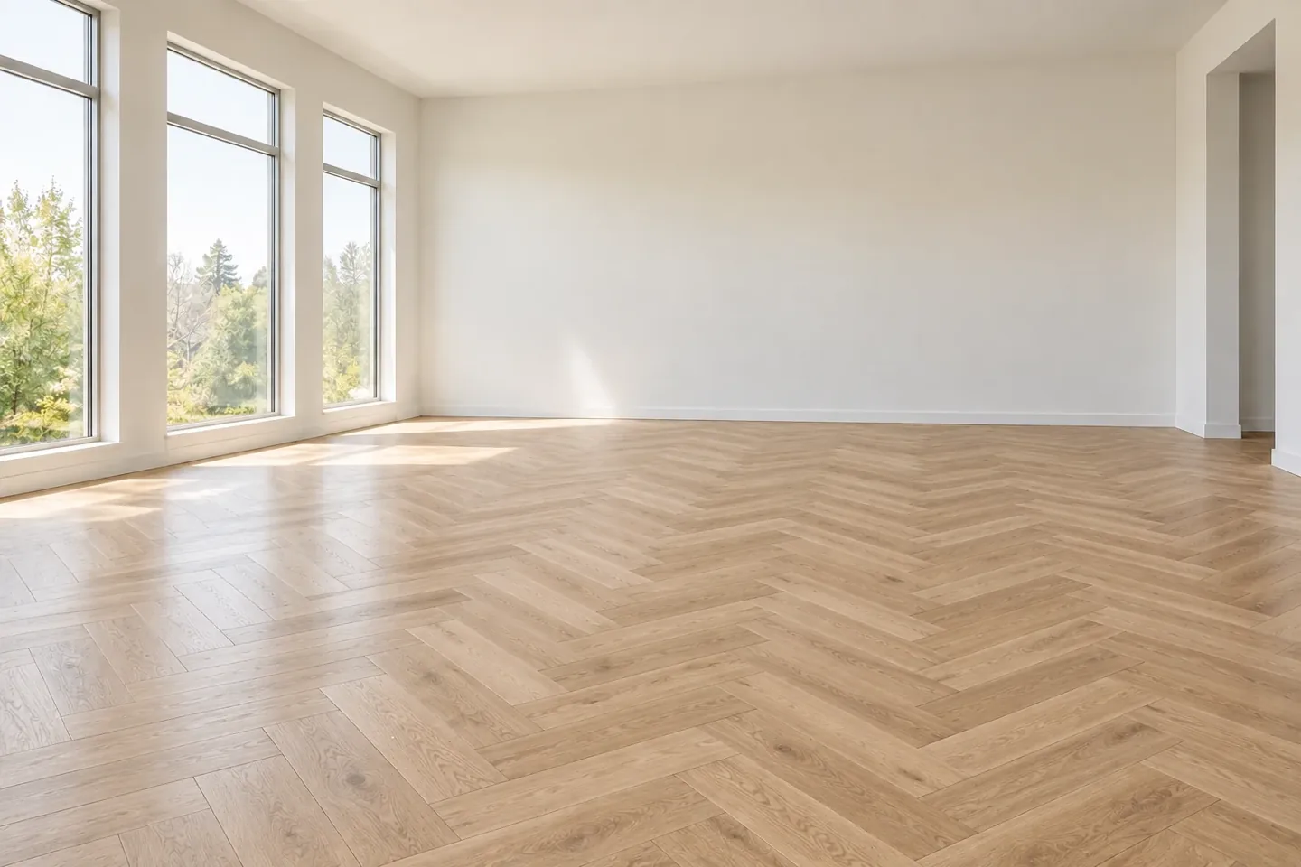The room with completed oak herringbone flooring