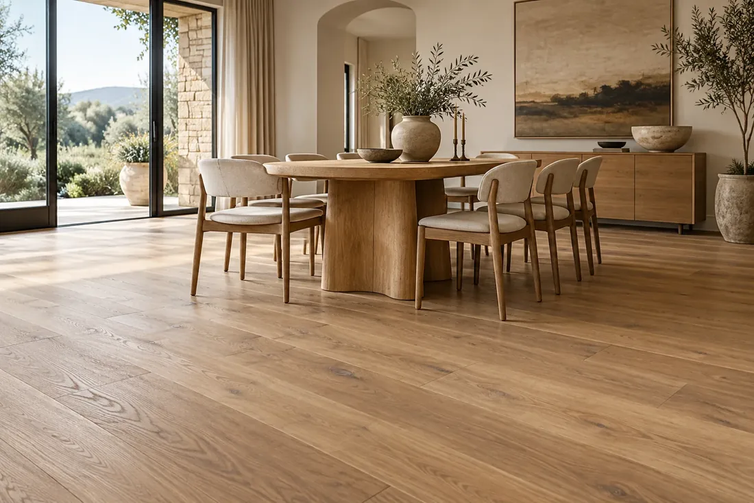 Warm wood flooring in a dining room