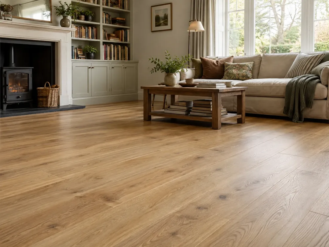 A comfortable living space with a timber-style floor
