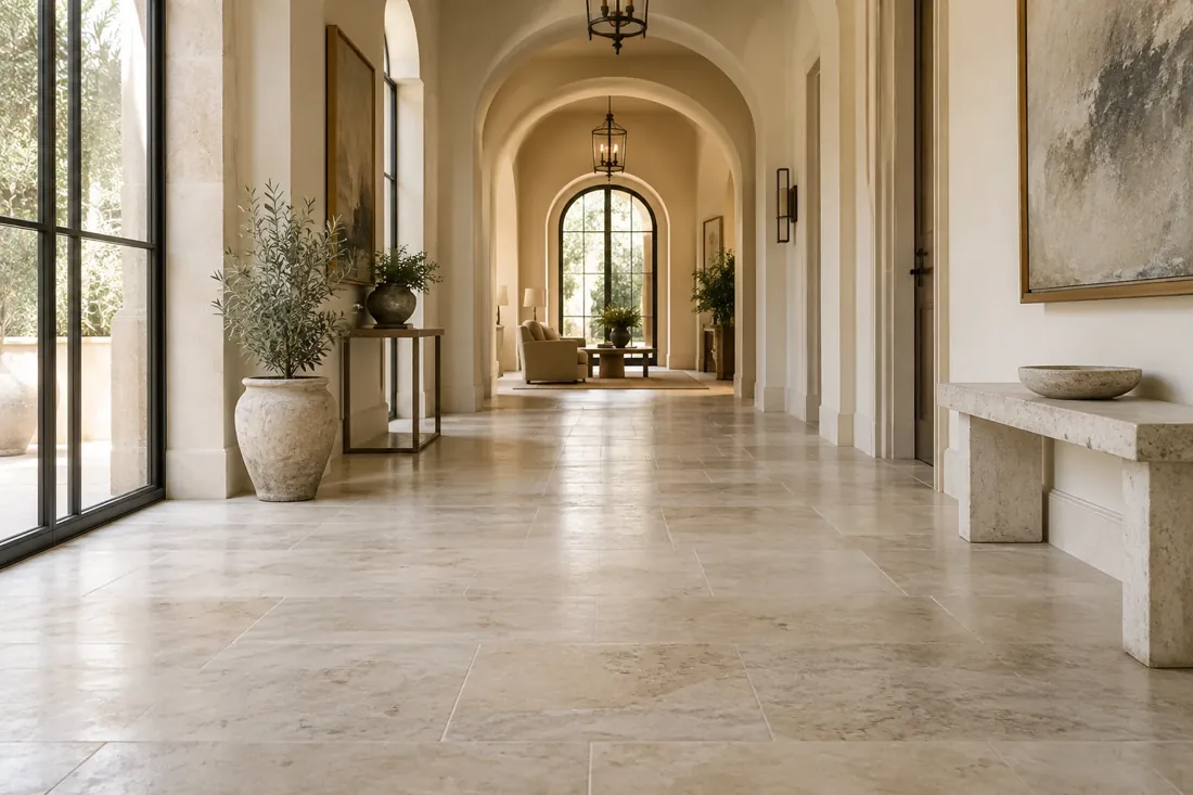 Sunlit hallway with a beautifully detailed limestone floor
